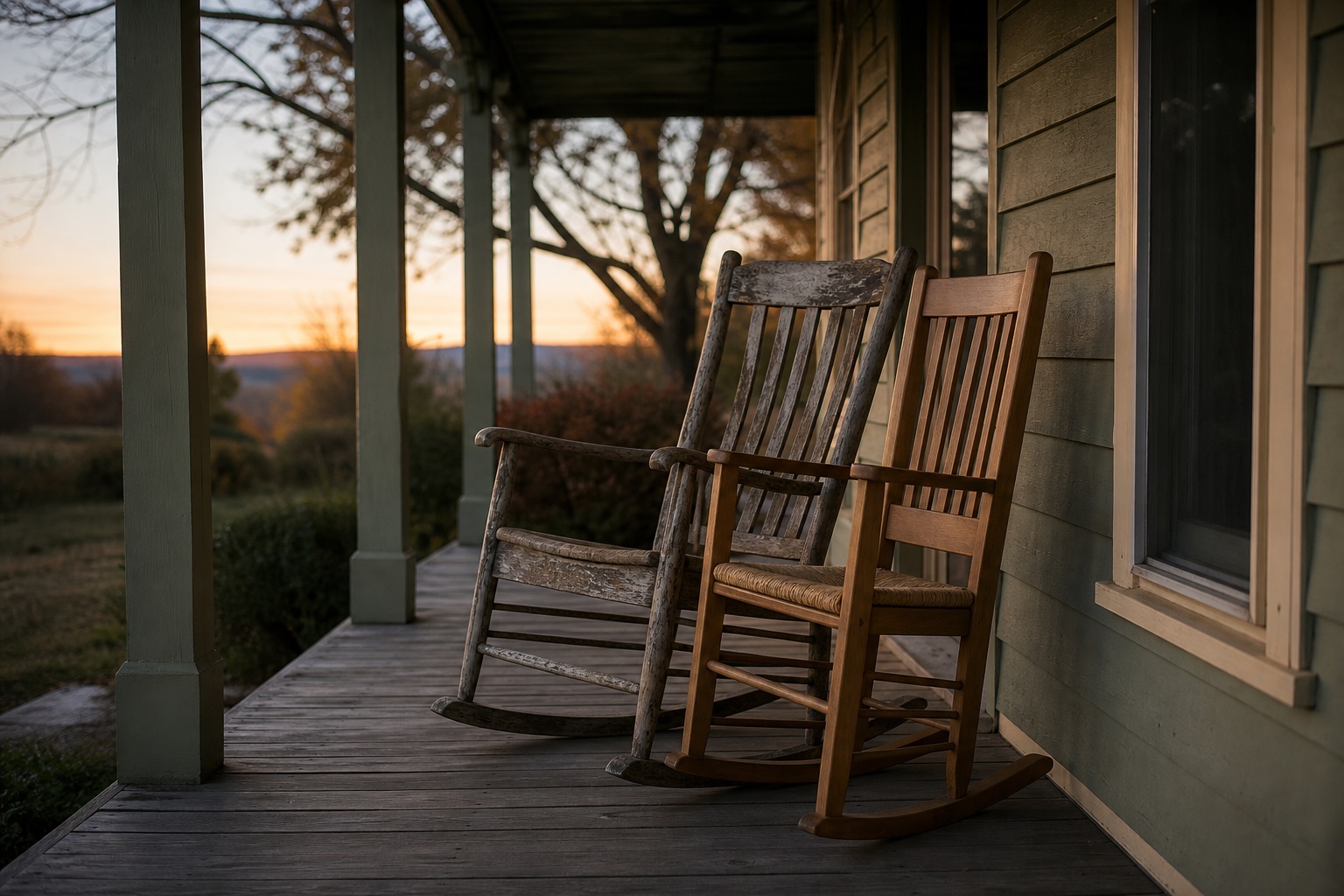 A front porch at dusk with one rocking chair and a second newer chair pulled close beside it