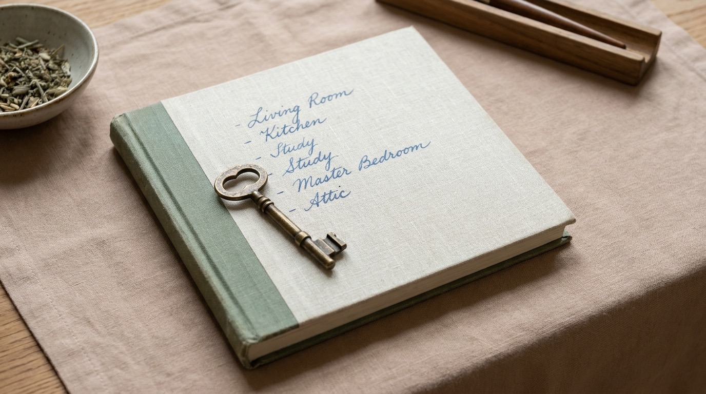 An open notebook with a handwritten room-by-room list and a brass key on natural linen
