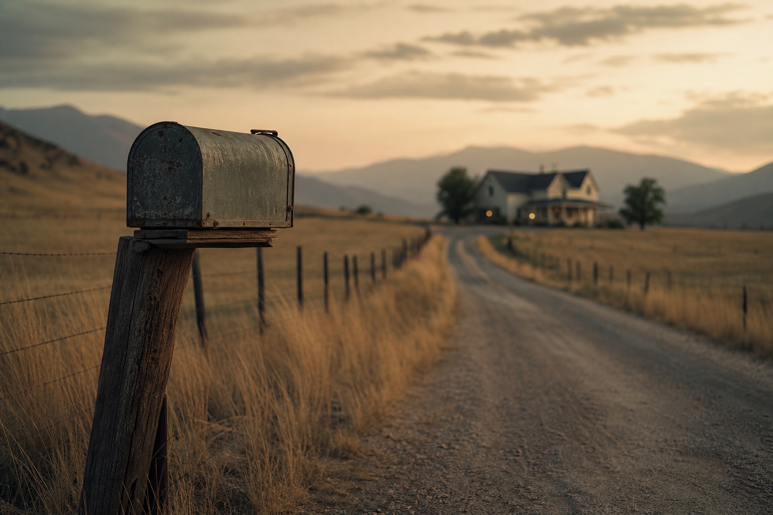 A rural mailbox on a weathered wooden post at the end of a long empty gravel driveway at dusk