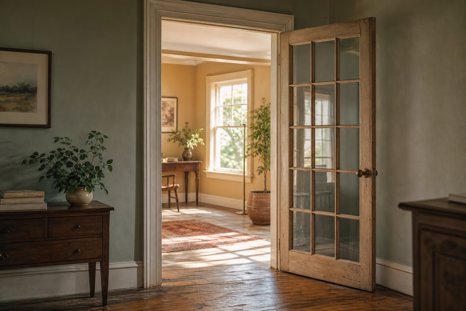 A glass-paned interior door standing open between two sunlit rooms of an older home