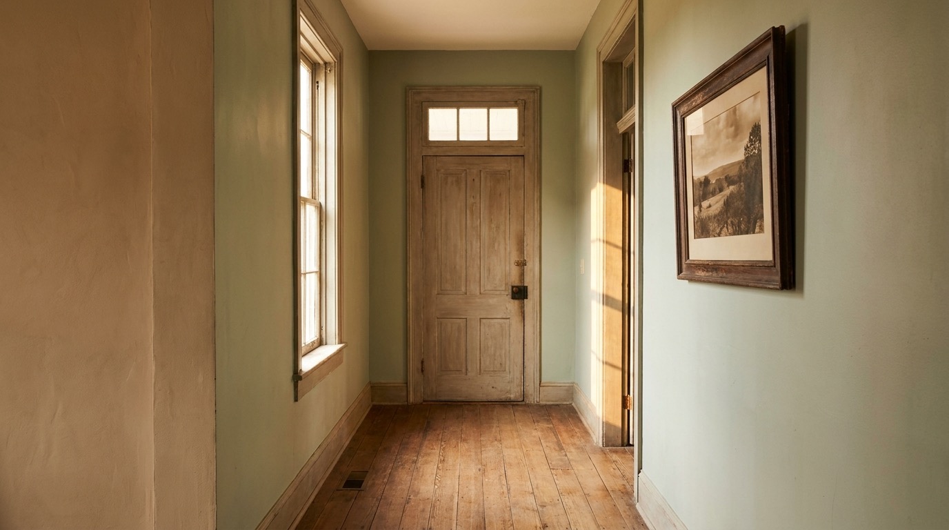 A quiet sunlit hallway with a closed wooden door and one framed photograph on the wall