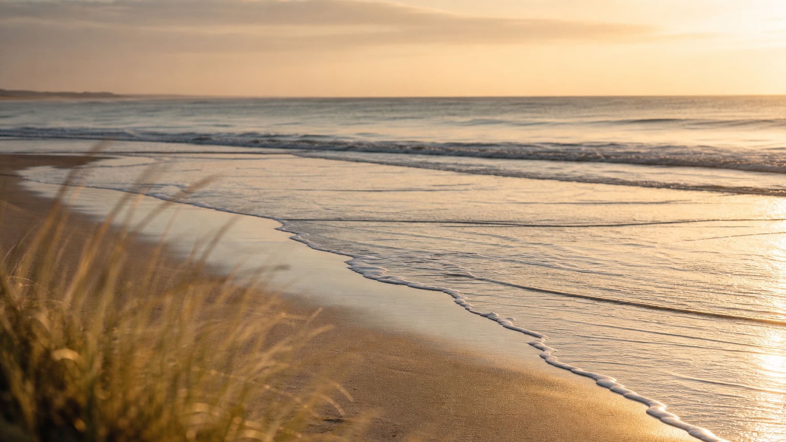 Soft waves receding over wet sand at golden hour with dune grass in the foreground