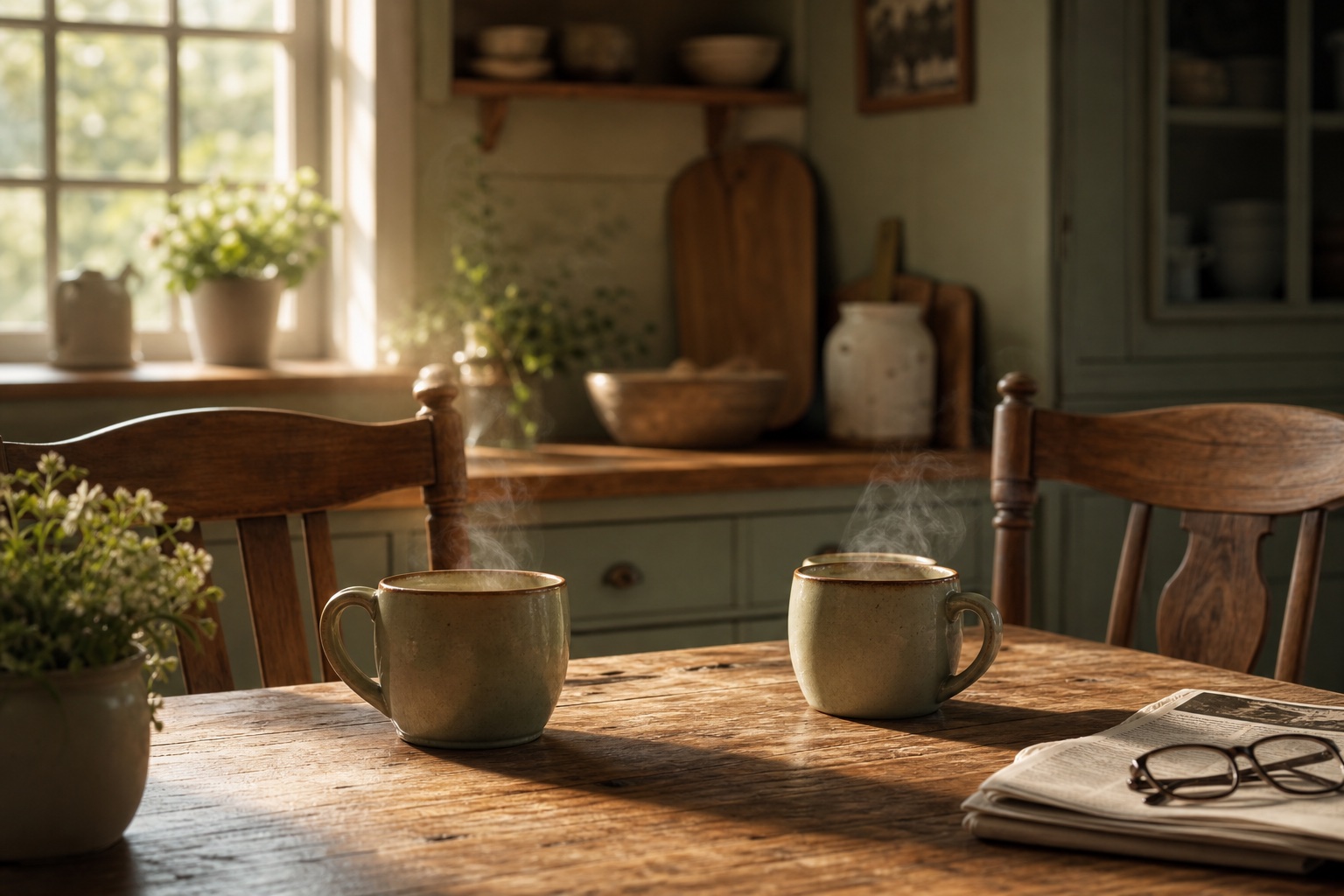 Two coffee cups on a farmhouse kitchen table in morning light, steam rising, chairs angled toward each other