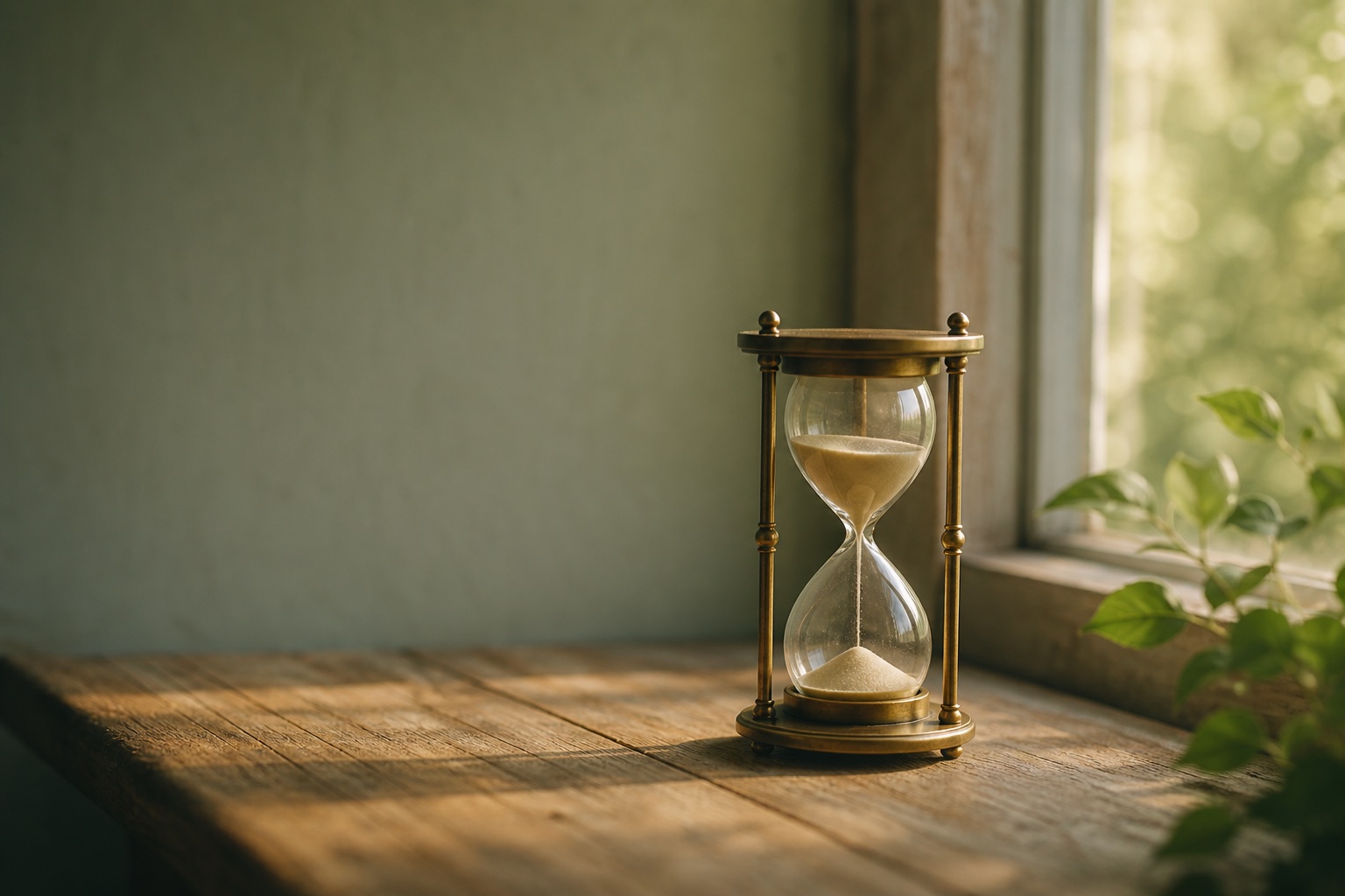 An antique brass hourglass with pale sand mid-flow on a weathered wooden windowsill in golden light