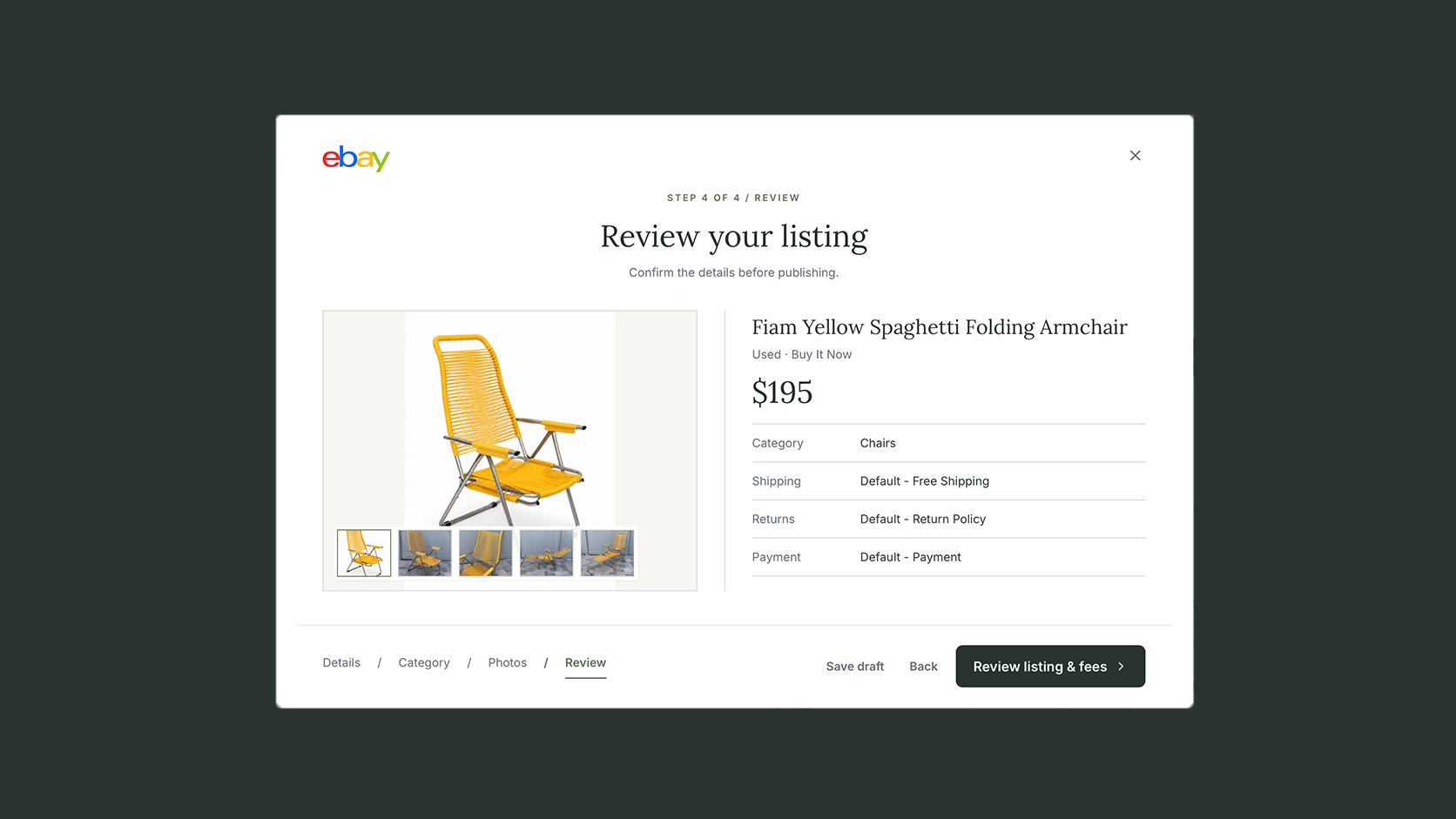 Legacywyse eBay listing review showing a yellow folding armchair