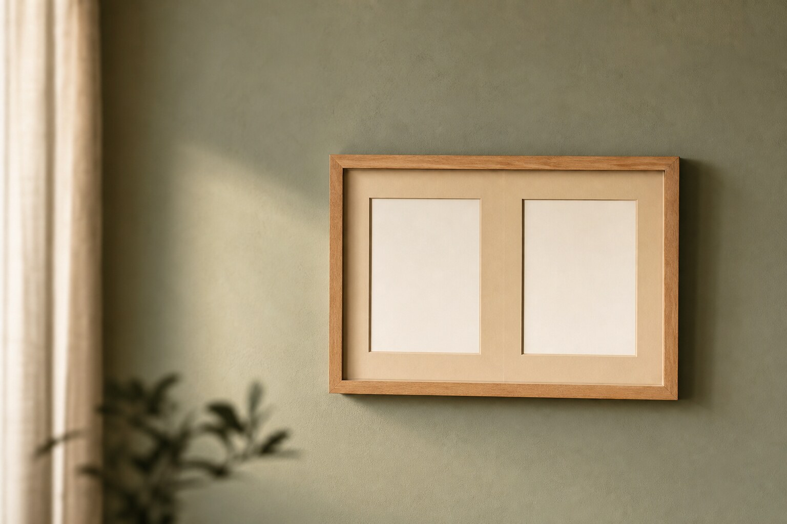 A simple wooden frame with two empty slots side by side on a sage-green wall in warm window light
