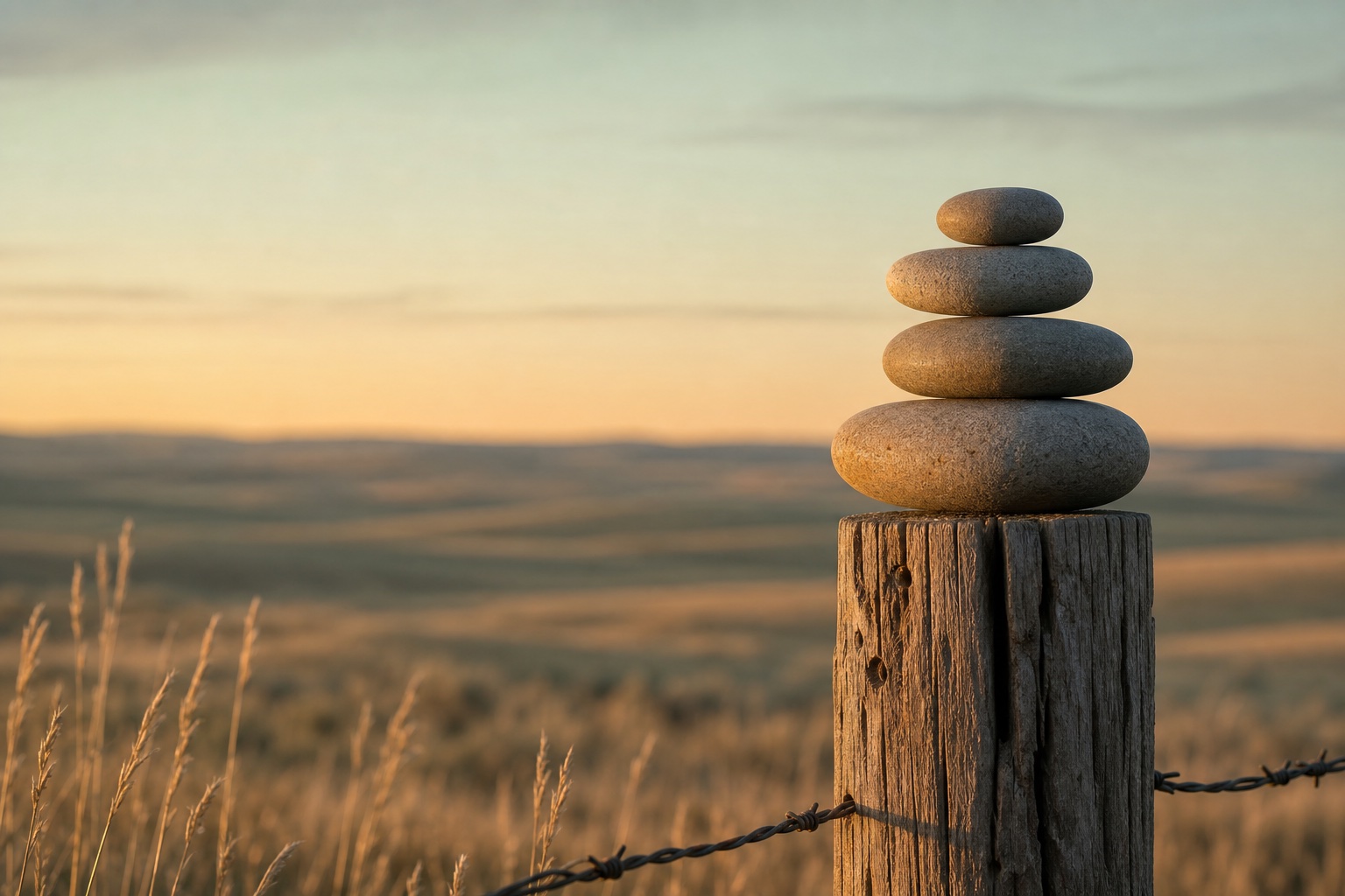 Four smooth river stones stacked on a weathered fence post against a soft sage prairie horizon at golden hour