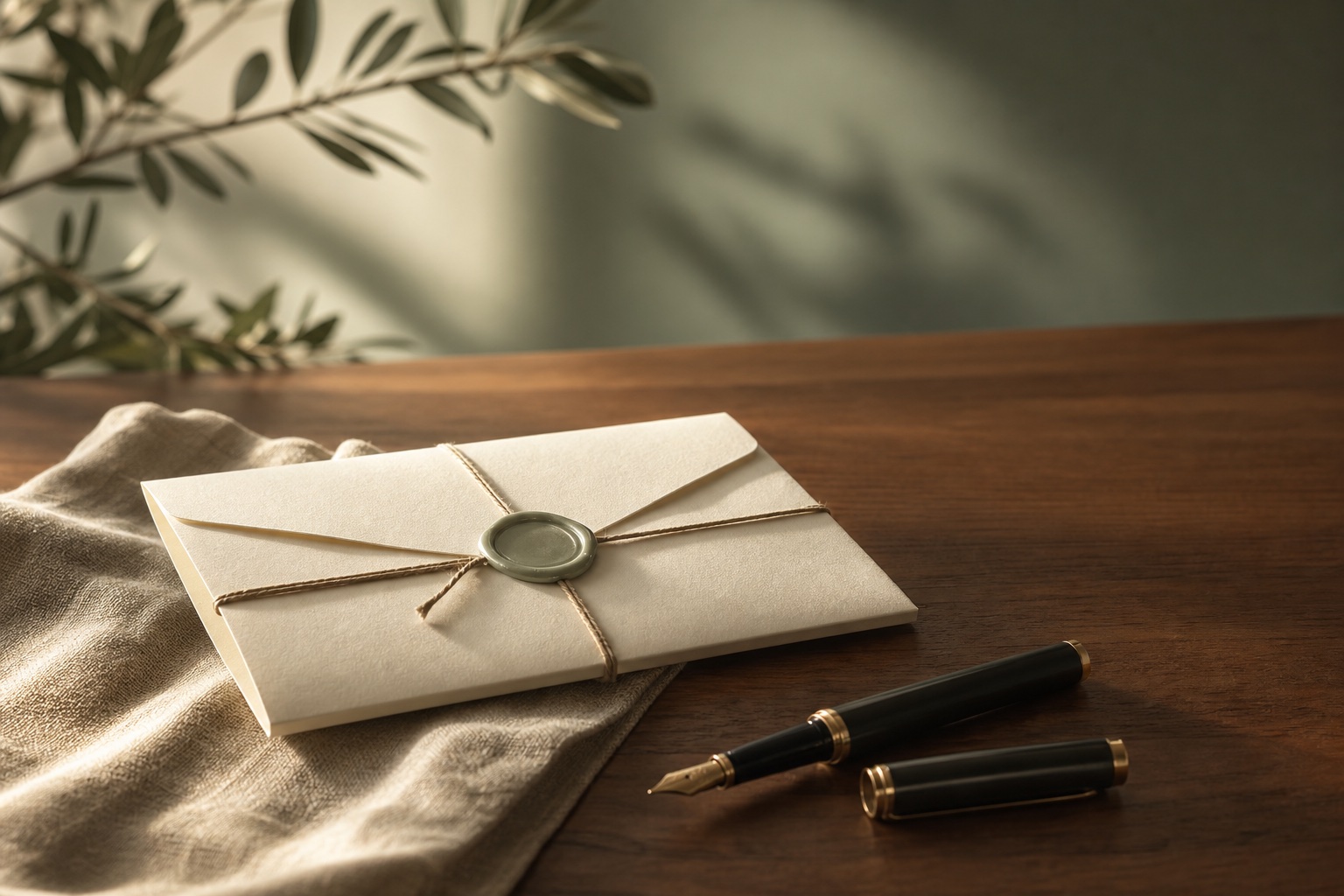A sealed cream envelope tied with plain twine resting on folded natural linen beside a fountain pen