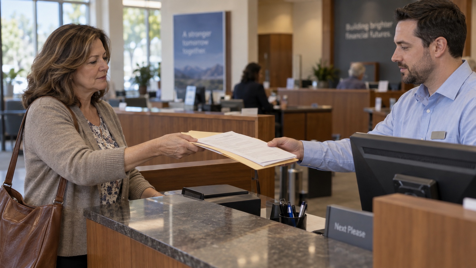 A woman handing a folder of documents to a bank teller across a counter