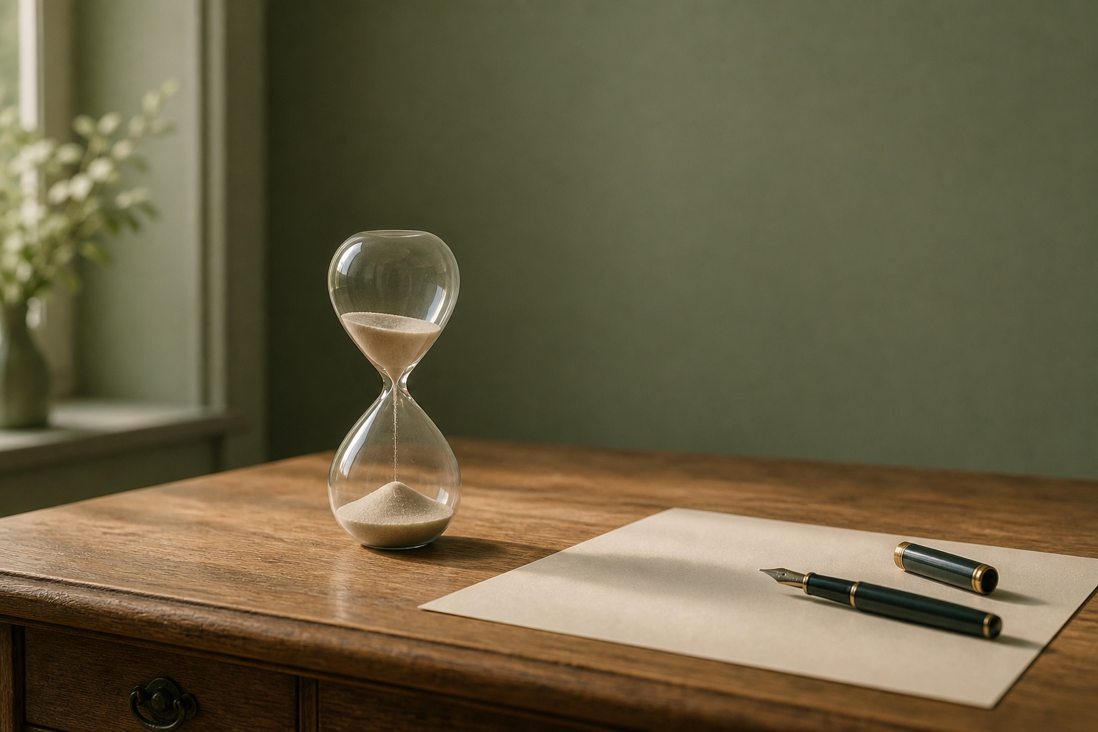 An hourglass with pale sand on a warm wooden desk beside a fountain pen and a blank sheet of paper