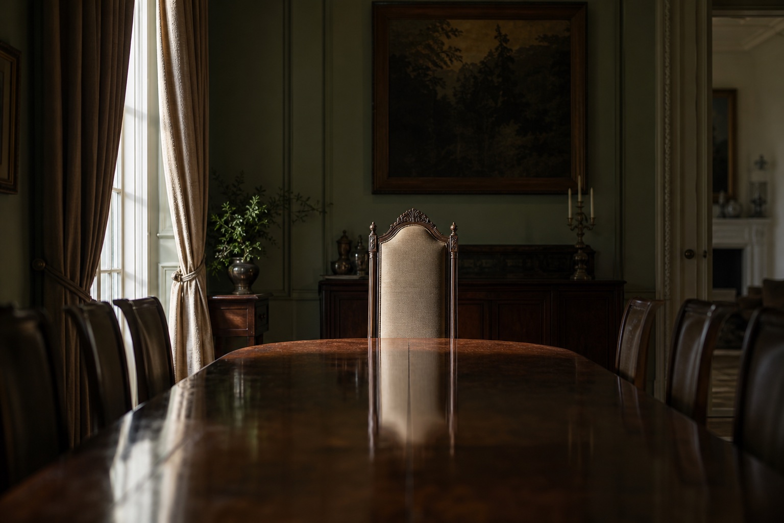 A formal high-backed chair at the head of a long empty dining table in soft window light