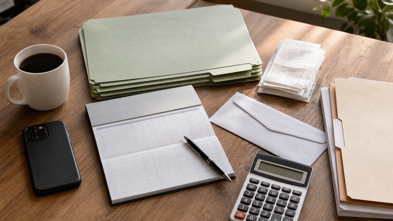 Blank check register, calculator, receipts, bank envelope, sage folders, and a phone on a home office desk