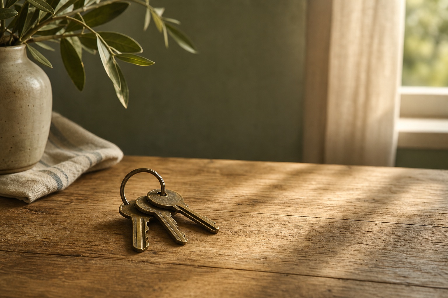 Three house keys on a worn brass ring resting on a wooden kitchen table in soft window light