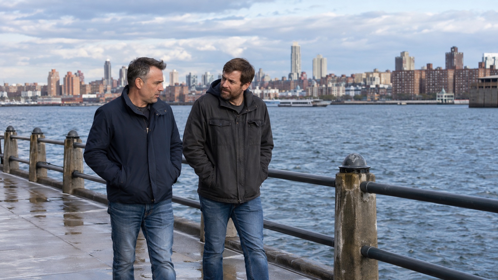 Two men walk and talk beside a river, with a city skyline across the water.