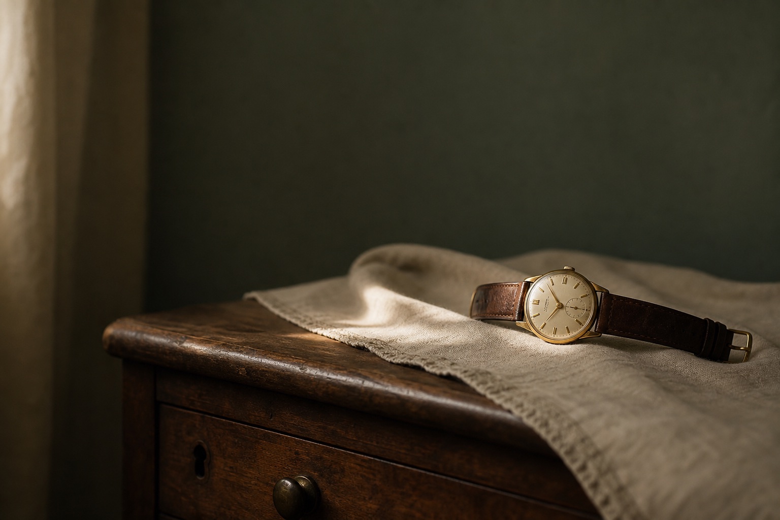 A single vintage wristwatch resting on folded linen in a shaft of window light on a wooden dresser