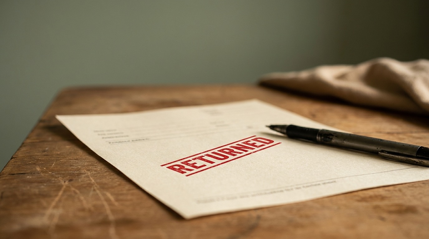 A single form with a red RETURNED rubber-stamp mark angled across it and a pen nearby