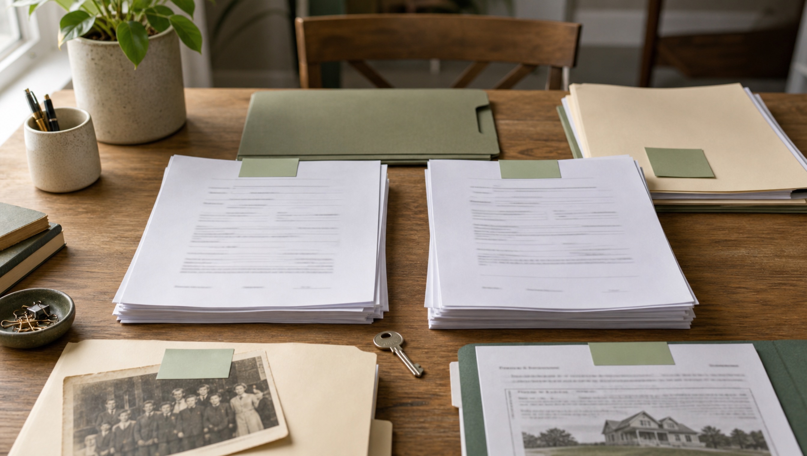 Two organized stacks of estate forms, house key, family photo, and sage folders on a wood table