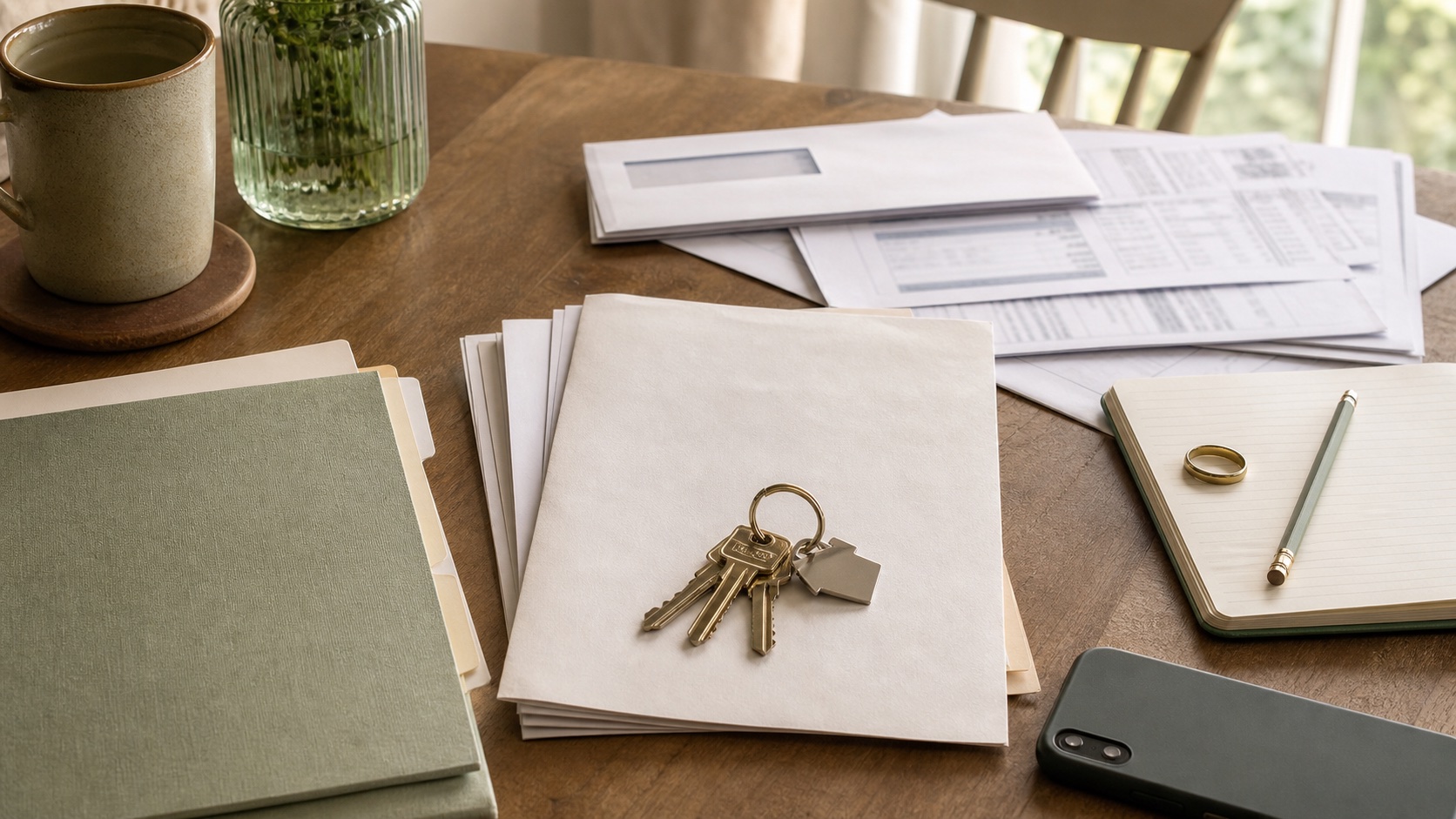 House keys, estate papers, notebook, wedding band, phone, and sage folders on a warm home office table