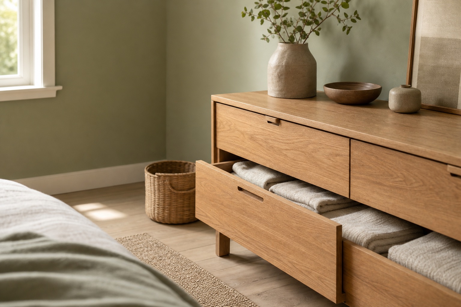 An open wooden dresser drawer with neatly folded cream linens in a bright, sparse Scandinavian bedroom