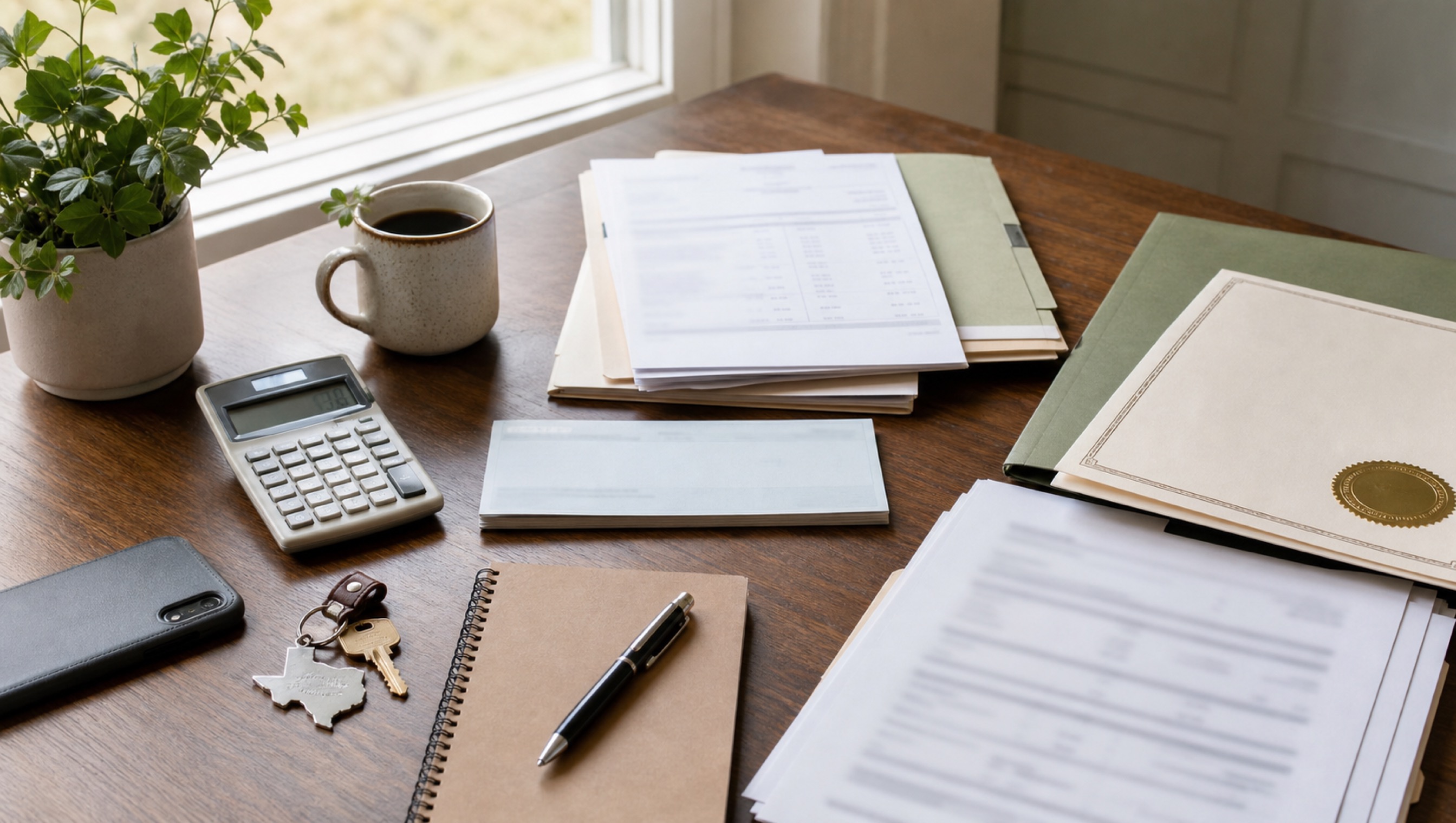 Estate banking records, calculator, keys, phone, and sage folders on a home office desk