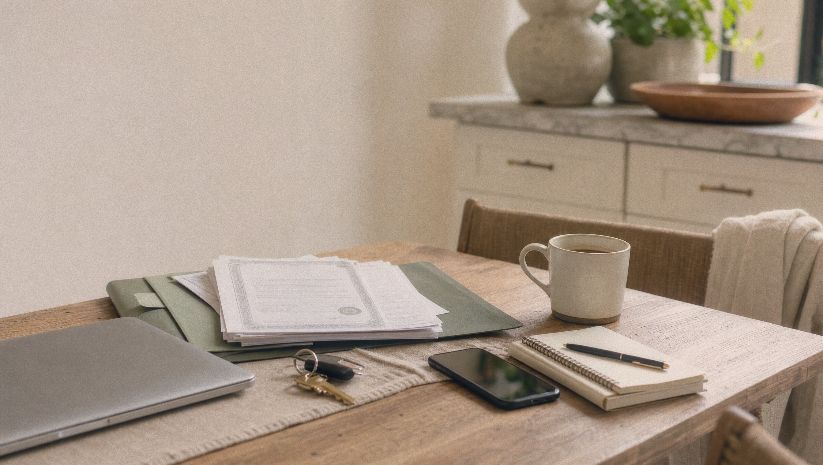 Calculator, estate paperwork, keys, and receipts on a desk for reviewing Texas executor fees