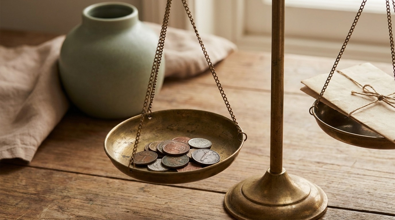 An antique brass balance scale weighing a few coins against a folded letter
