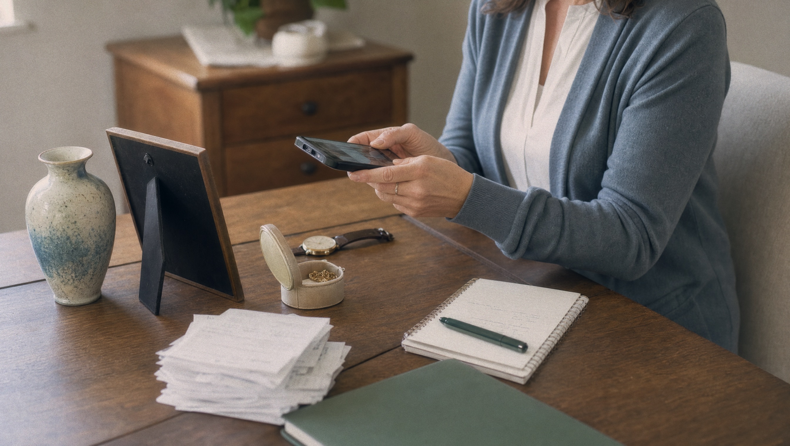 Family records, handwritten notes, and a phone on a wood table for the first week after a death in Texas