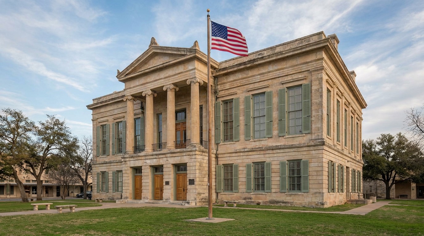 A Texas county courthouse limestone facade with classical columns and a flagpole