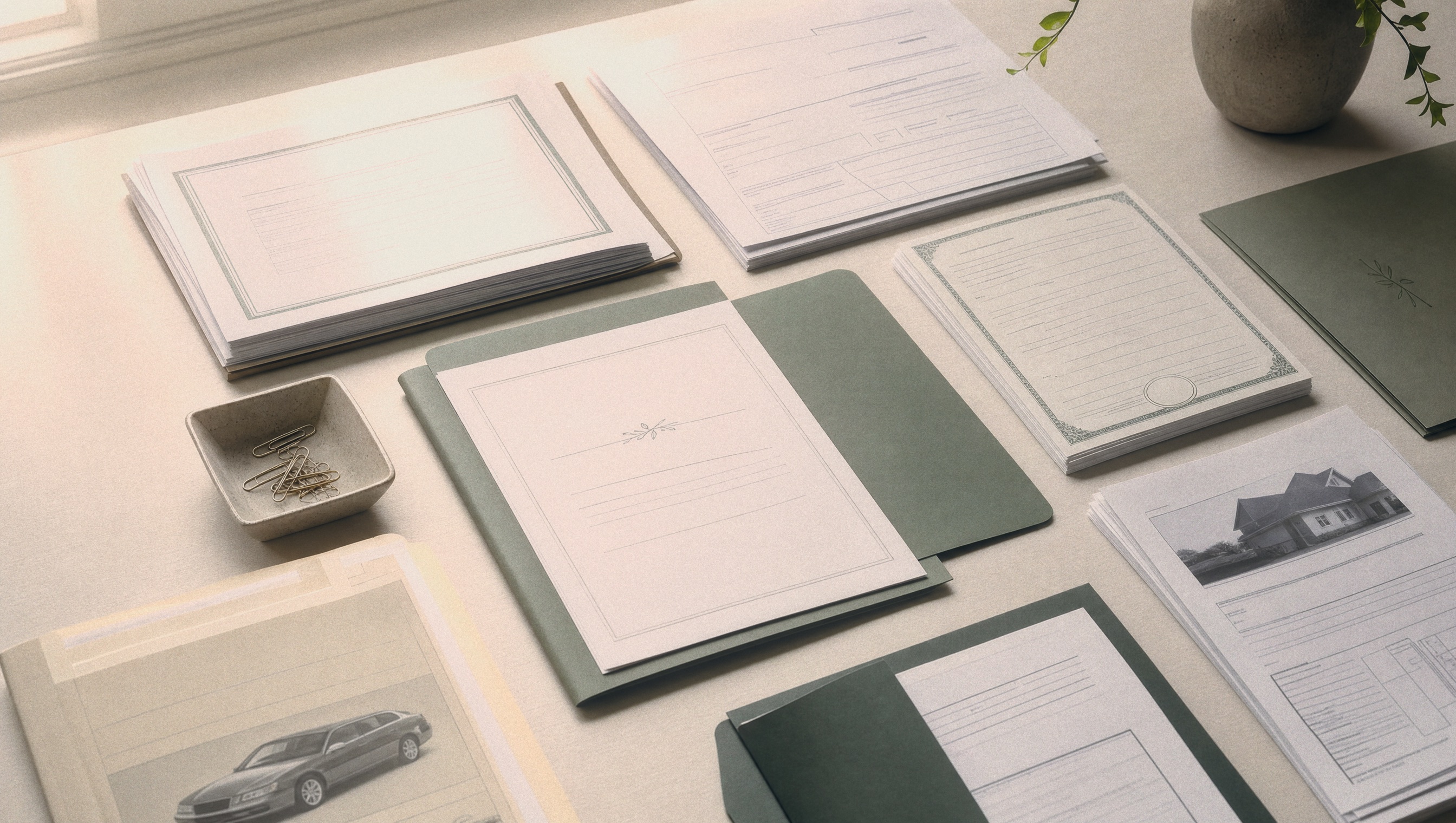 Stacks of probate forms, certificates, and folders arranged on a desk for a Texas probate documents checklist