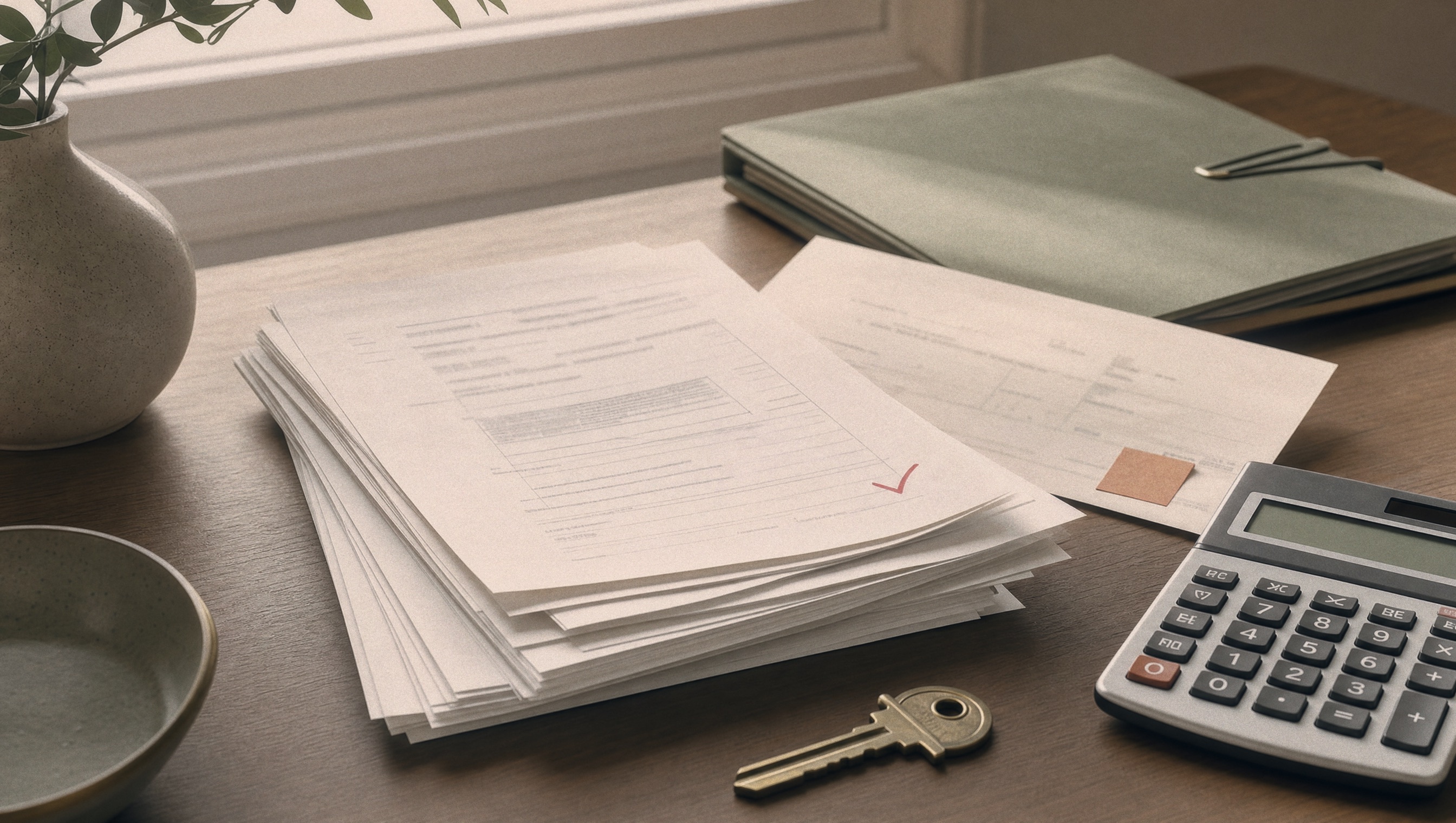 Texas estate paperwork with a calculator and house keys for small estate affidavit filing review