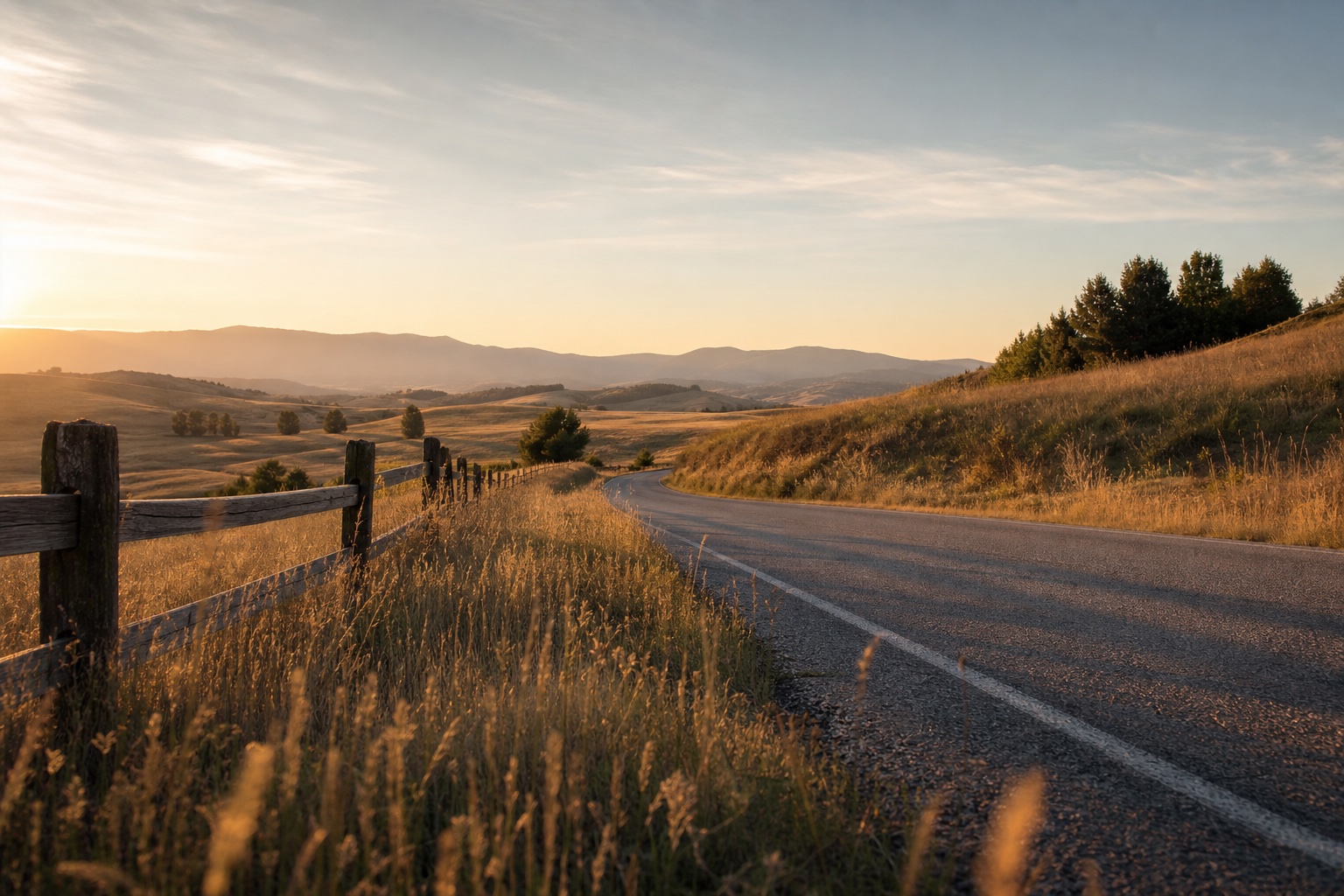 A quiet country road at golden hour stretching toward low hills, long soft shadows across dry grass