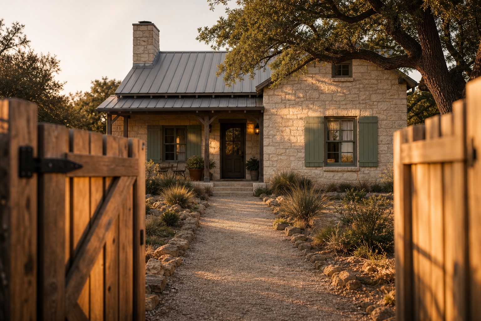 A Texas limestone farmhouse at golden hour with an open cedar gate and a straight gravel path to the front door