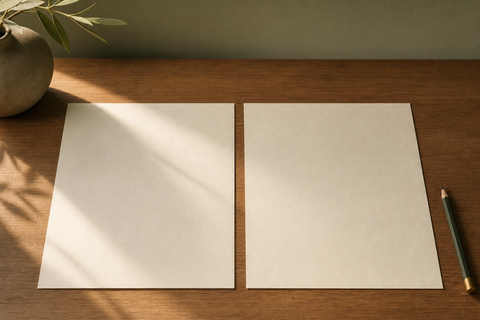 Two blank sheets of paper side by side on a plain wooden writing table lit by soft morning window light