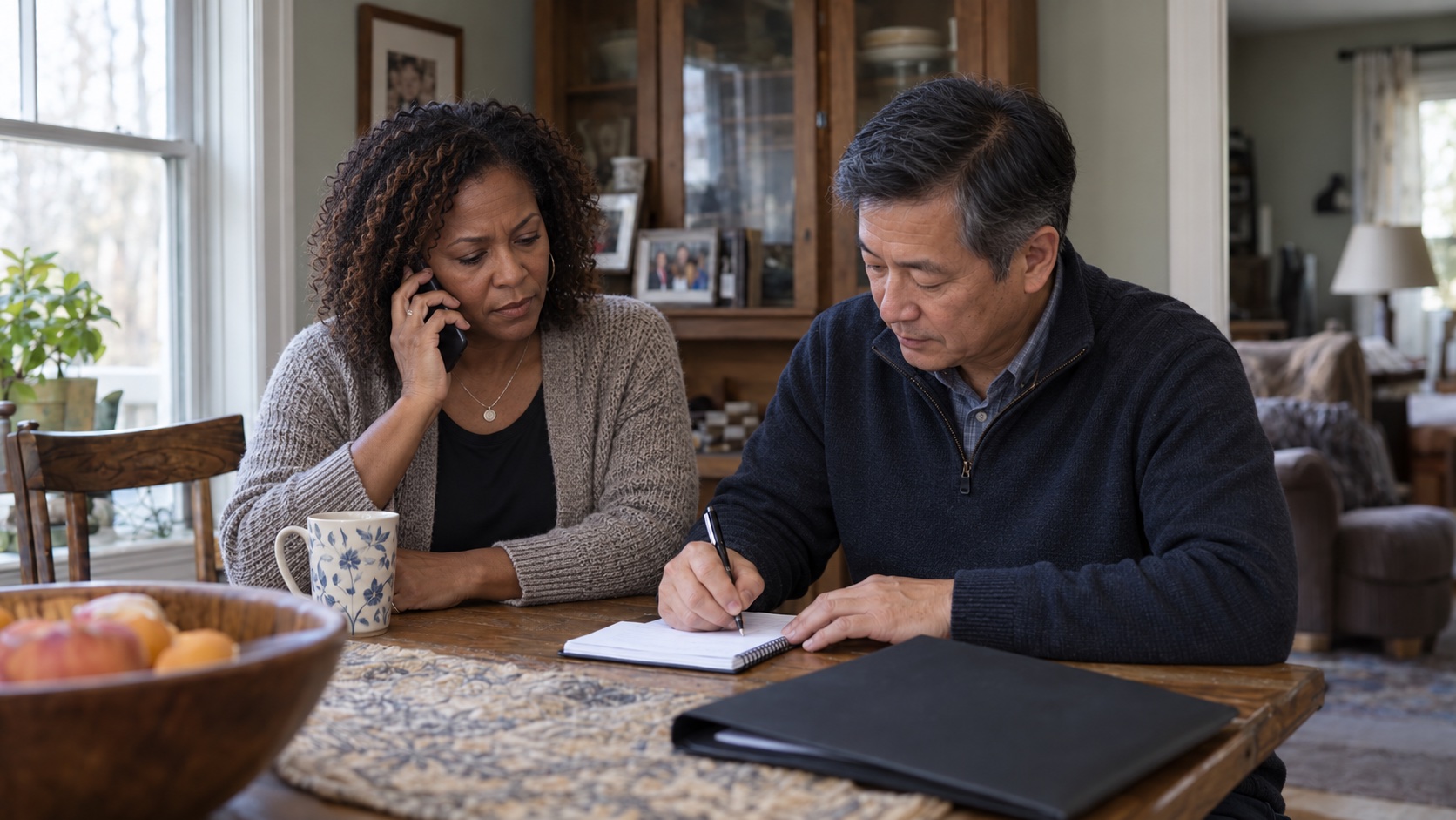 Two relatives at a dining table, one making a phone call while the other writes notes.