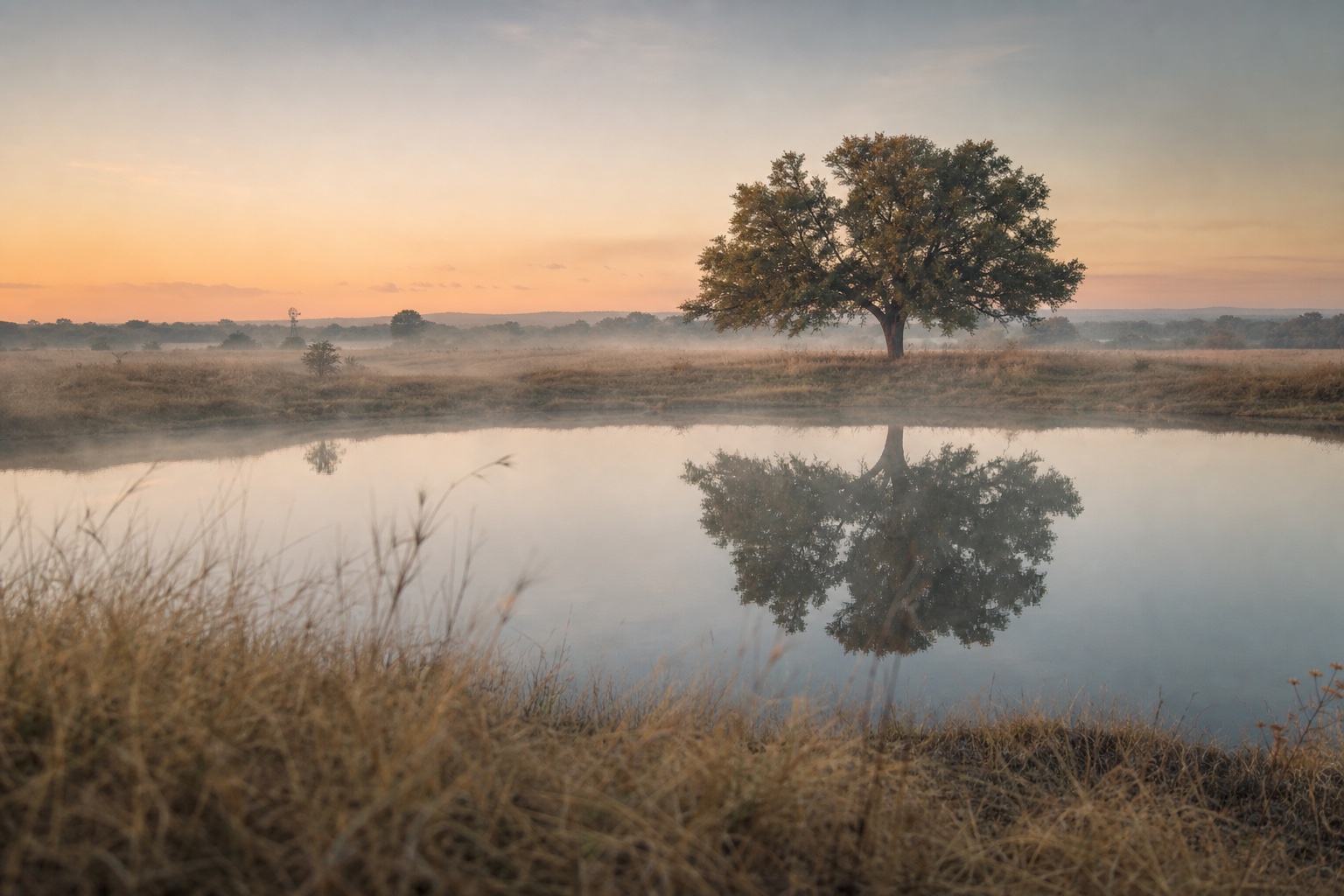 A still ranch pond at dawn with morning mist and a single live oak reflected in calm water