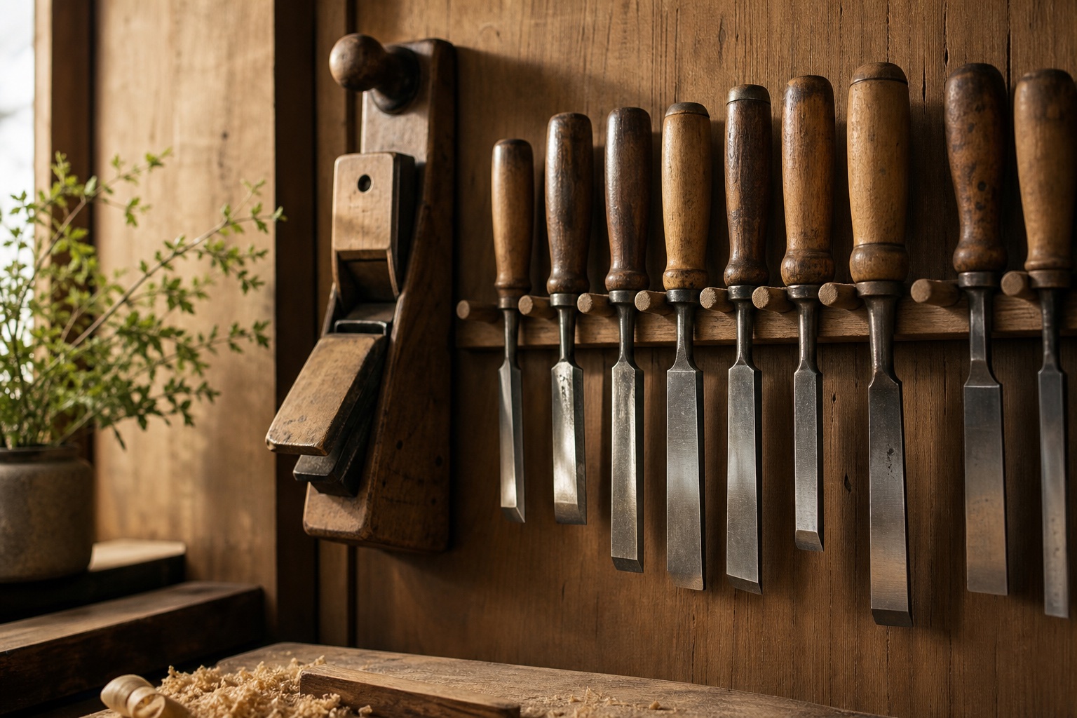 A well-worn hand plane and sharpened chisels hung neatly on a warm wooden workshop wall in raking light