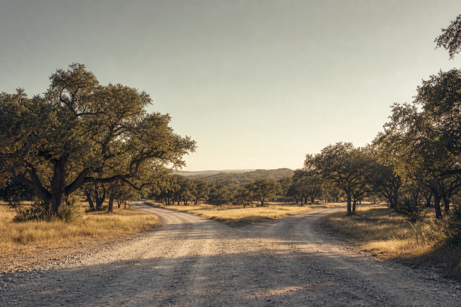 A ranch road forking into two dirt paths beneath live oaks in soft morning light